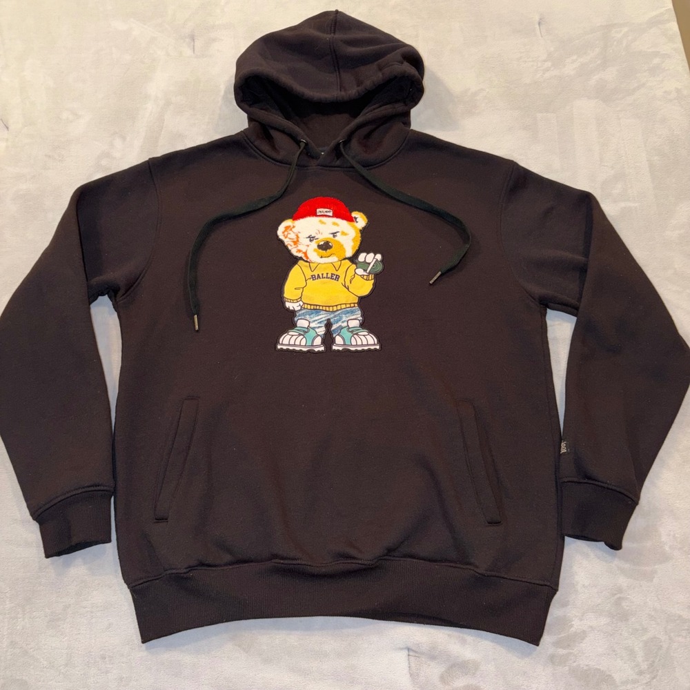 Bleecker & Mercer Mens Black Baller Bear Chenille‎ Patch Hoodie Sweatshirt L